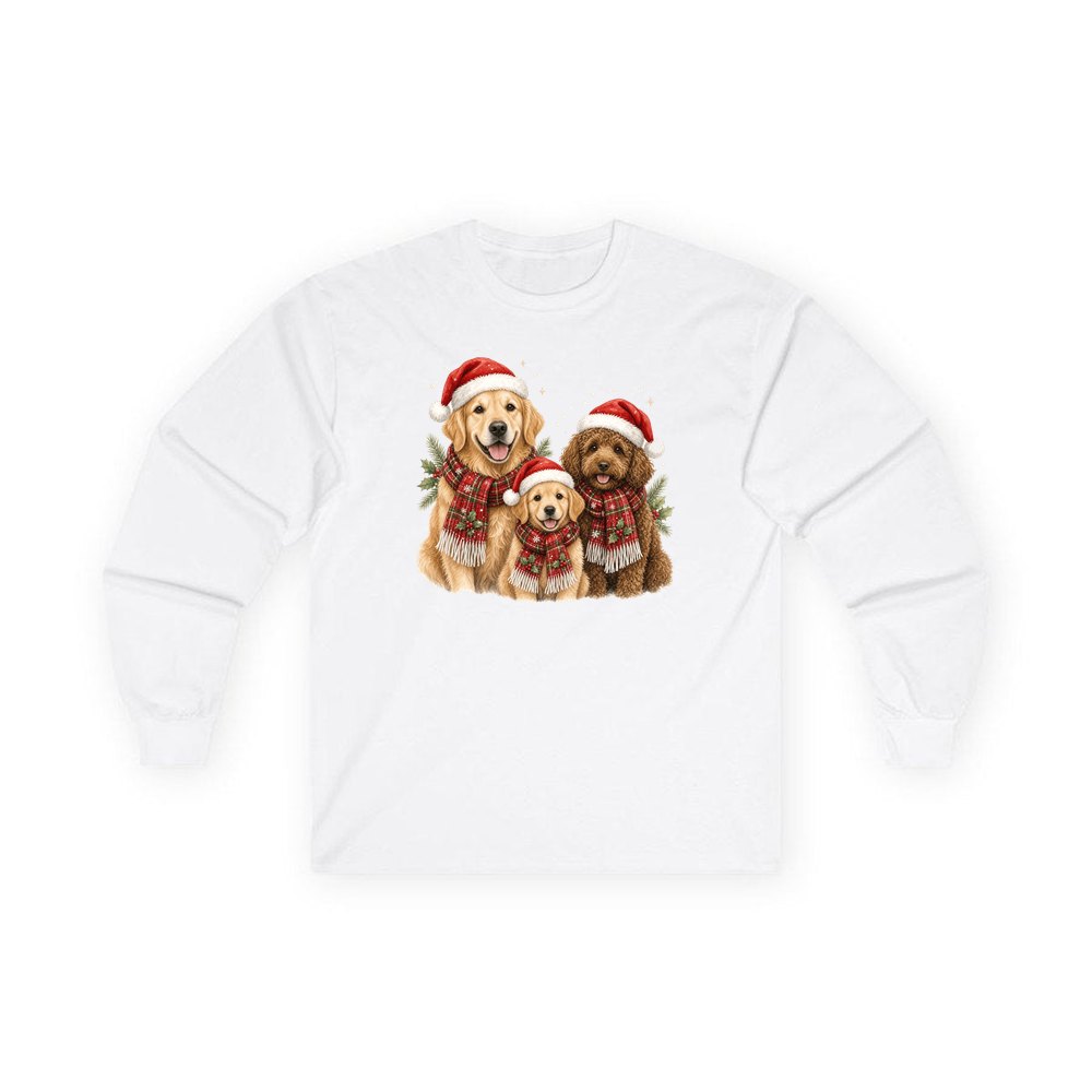 Festive Dogs In Scarves personalised long sleeve Christmas T-shirt in white