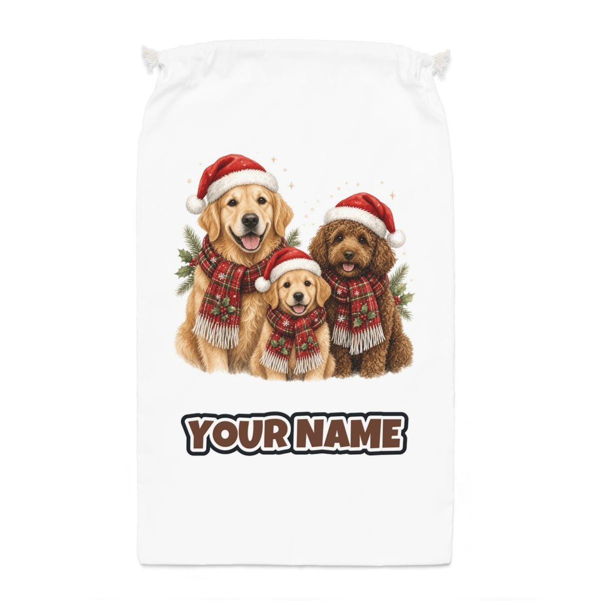Festive Dogs In Scarves Santa sack laid flat, showing the full print