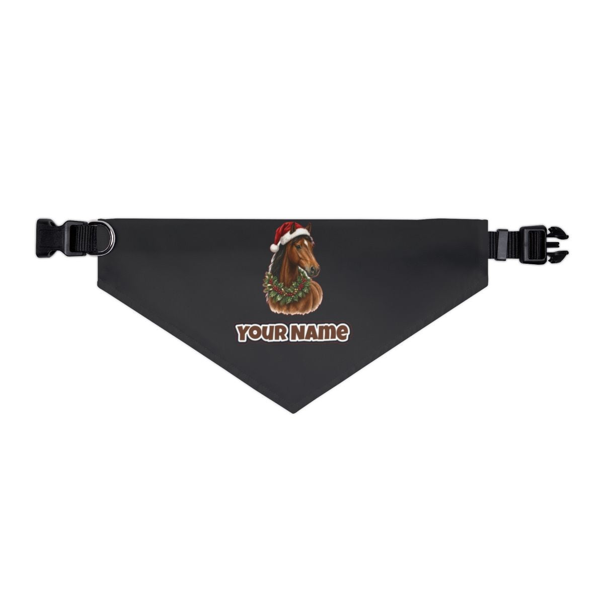 Festive Horse In Holly personalised Christmas pet bandana in black, collar with buckle