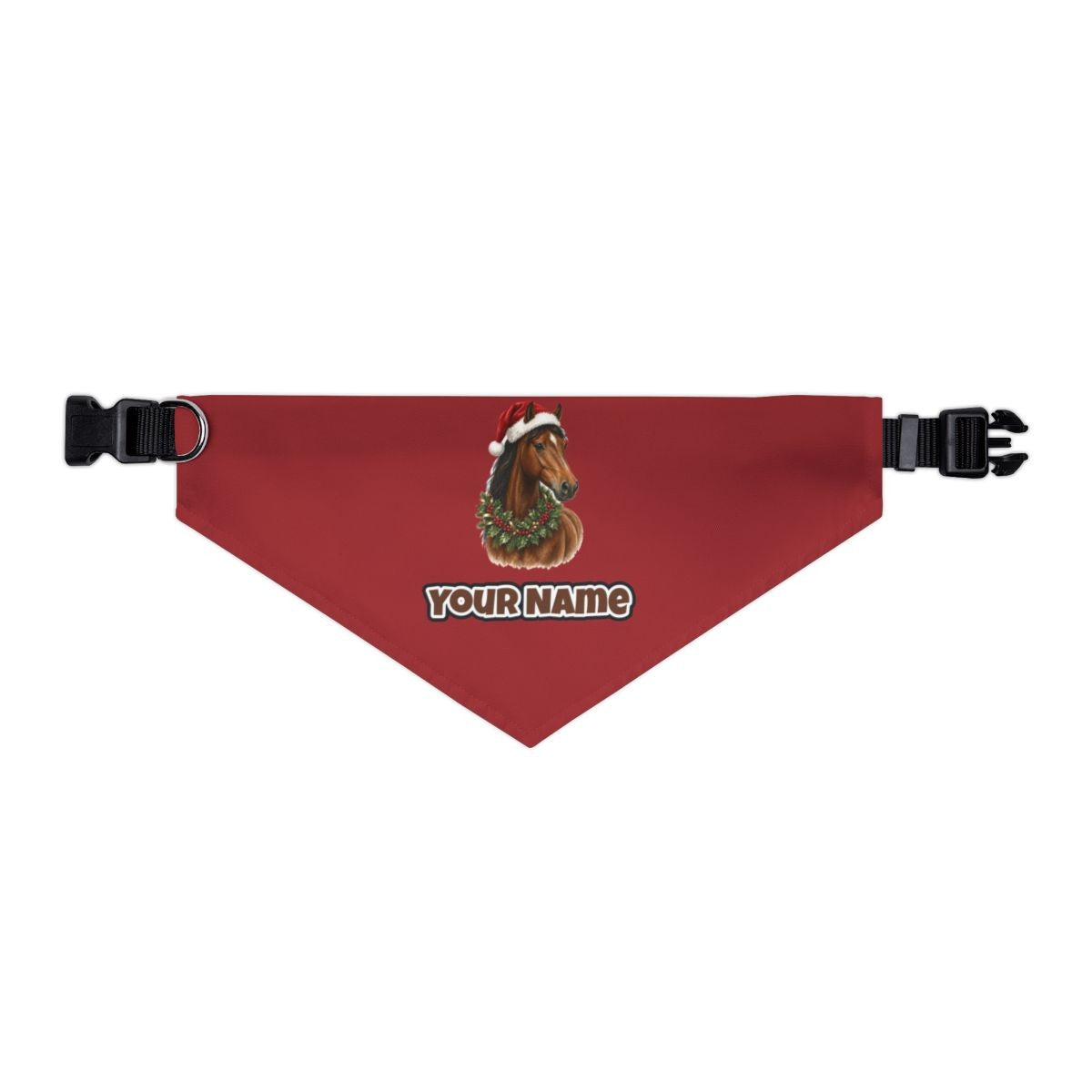 Festive Horse In Holly personalised Christmas pet bandana in red, collar with buckle