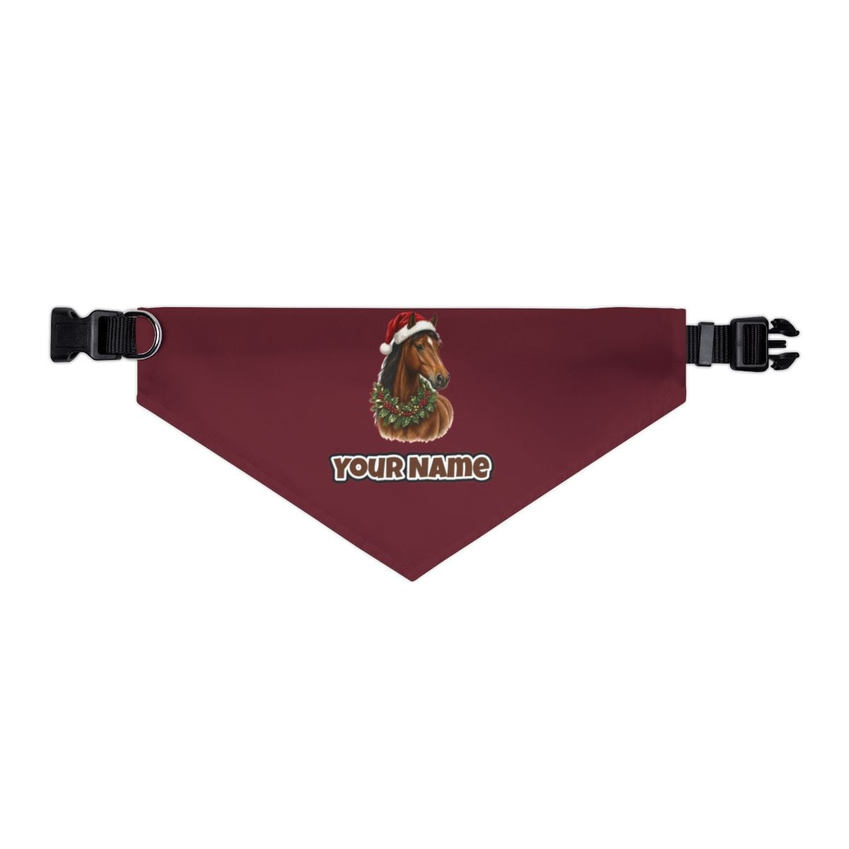 Festive Horse In Holly personalised Christmas pet bandana in maroon, collar with buckle