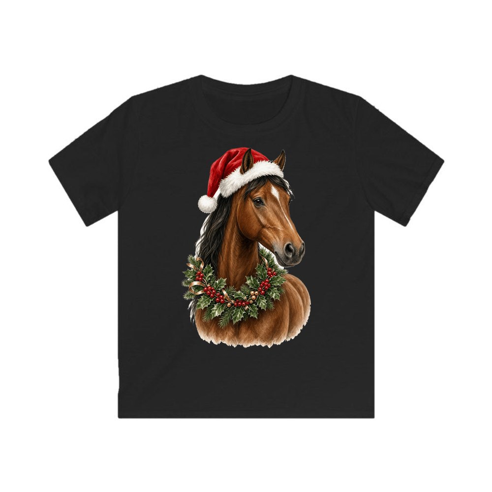 Festive Horse In Holly personalised kids Christmas tee in black