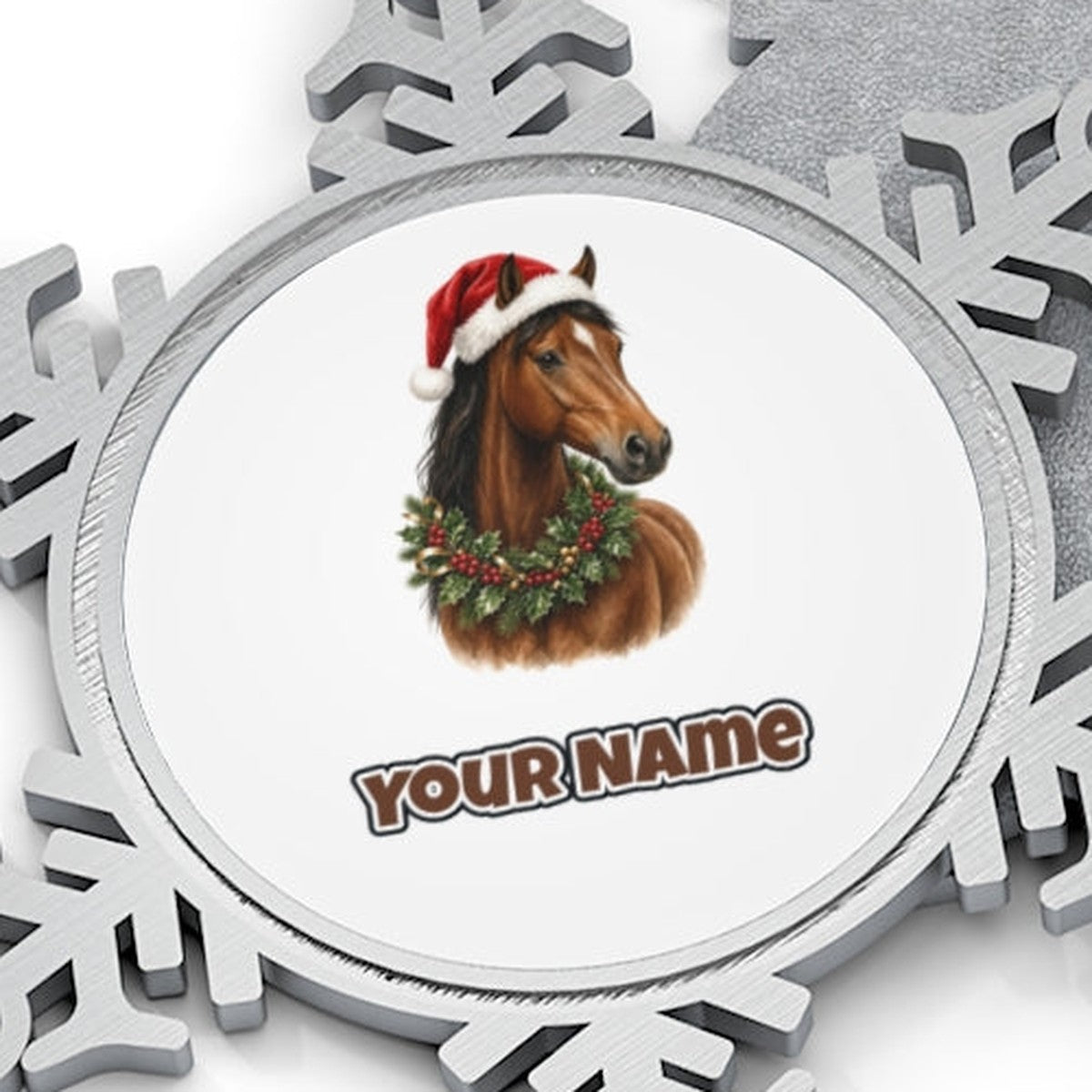 Festive Horse In Holly Personalised Pewter Christmas Ornament