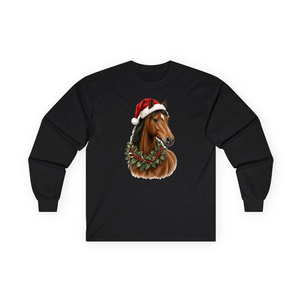 Festive Horse In Holly personalised long sleeve Christmas T-shirt in black