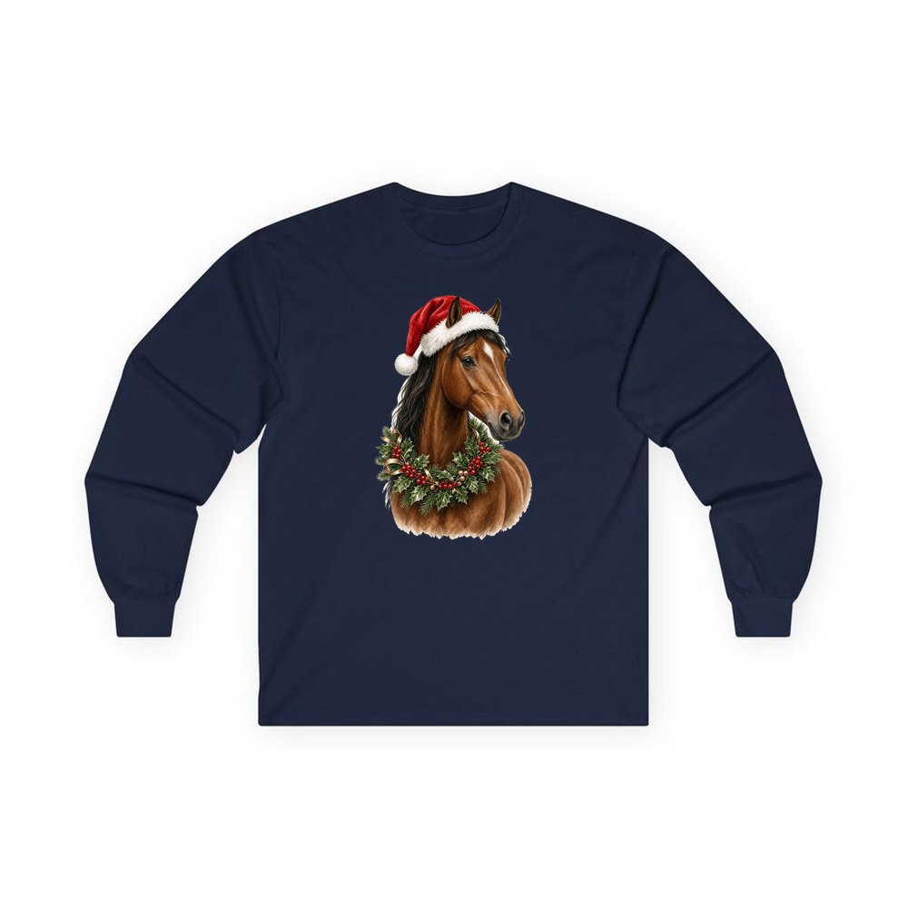 Festive Horse In Holly personalised long sleeve Christmas T-shirt in navy