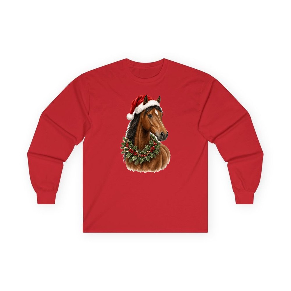 Festive Horse In Holly personalised long sleeve Christmas T-shirt in red
