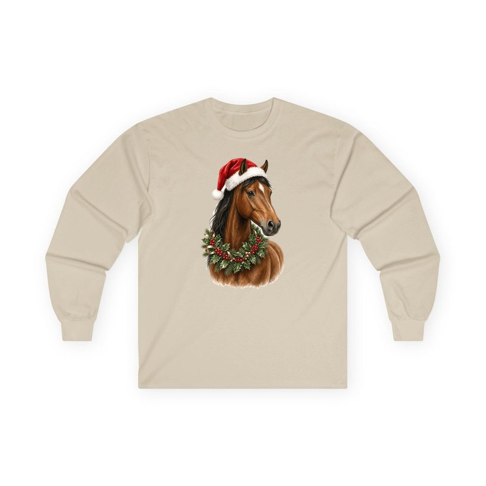 Festive Horse In Holly personalised long sleeve Christmas T-shirt in sand