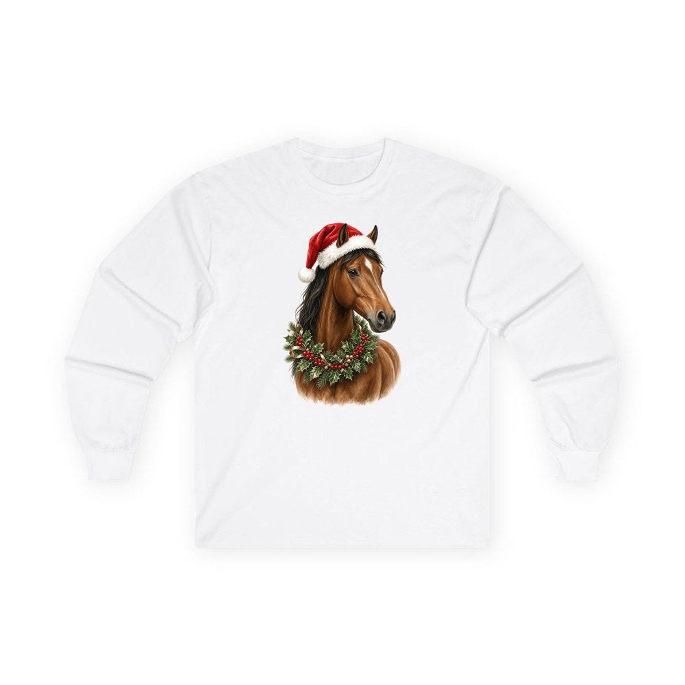 Festive Horse In Holly personalised long sleeve Christmas T-shirt in white