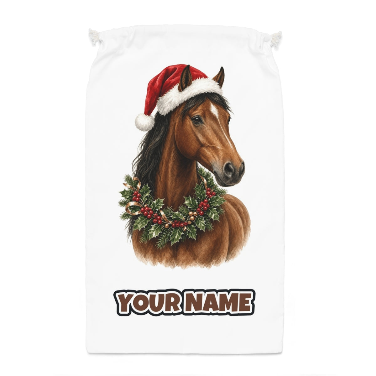 Festive Horse In Holly Santa sack laid flat, showing the full print