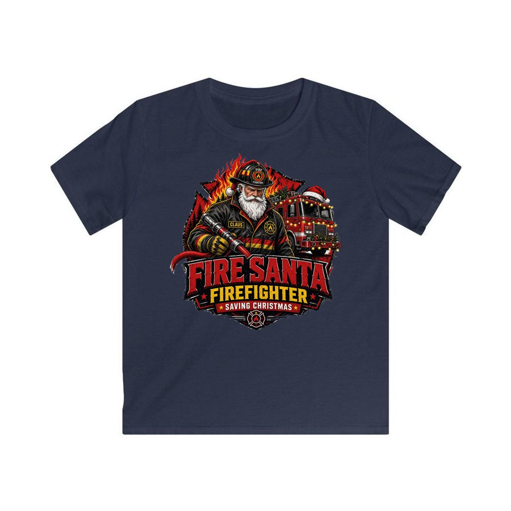 Fire Santa Saving Christmas personalised kids Christmas tee in navy