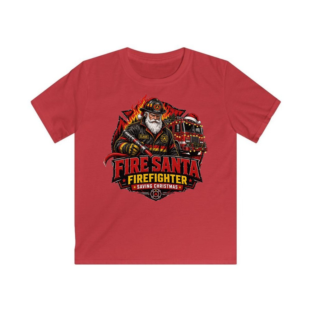 Fire Santa Saving Christmas personalised kids Christmas tee in red