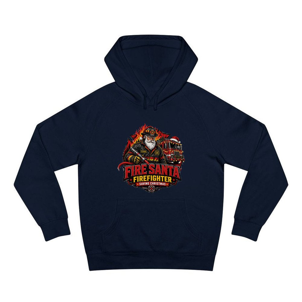 Fire Santa Saving Christmas personalised Christmas hoodie in navy