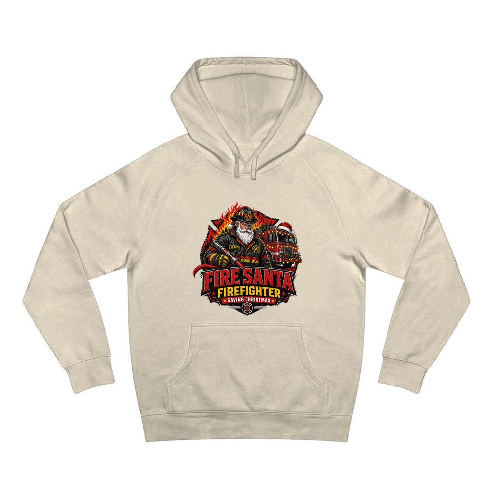 Fire Santa Saving Christmas personalised Christmas hoodie in sand