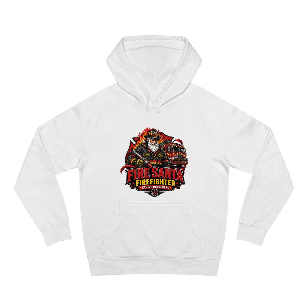 Fire Santa Saving Christmas personalised Christmas hoodie in white