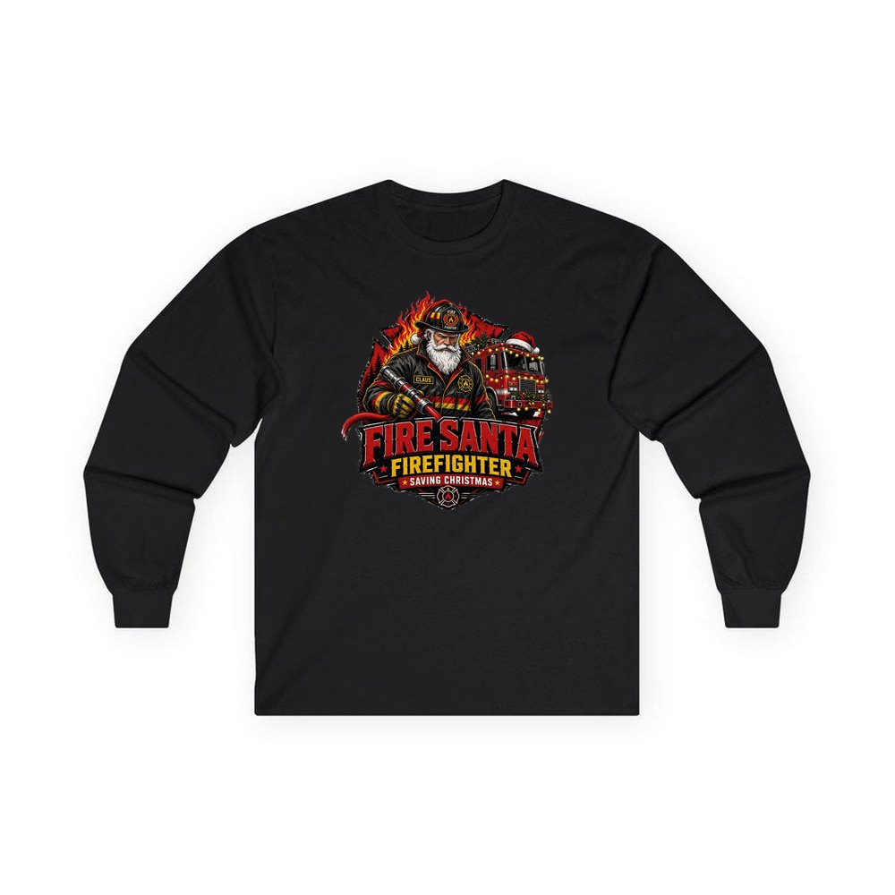 Fire Santa Saving Christmas personalised long sleeve Christmas T-shirt in black