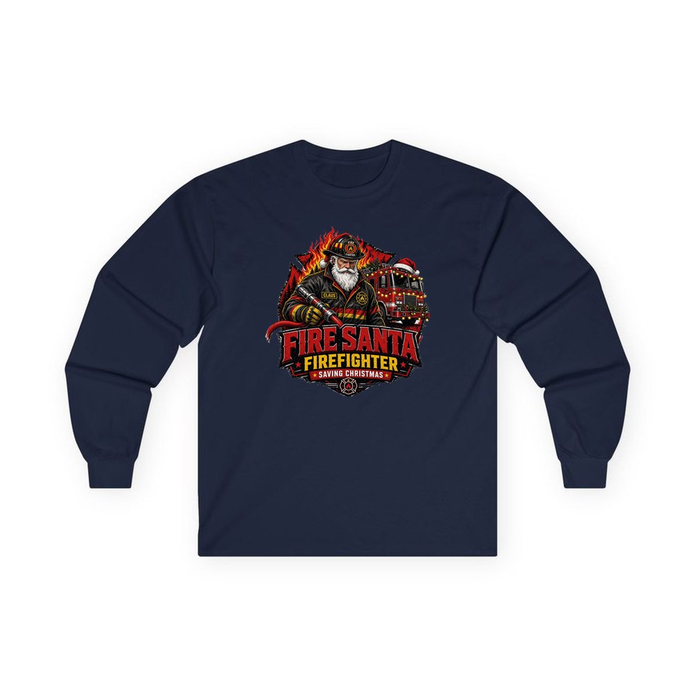 Fire Santa Saving Christmas personalised long sleeve Christmas T-shirt in navy