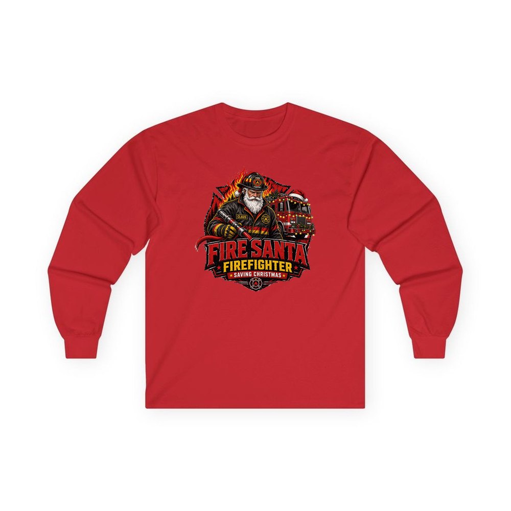 Fire Santa Saving Christmas personalised long sleeve Christmas T-shirt in red