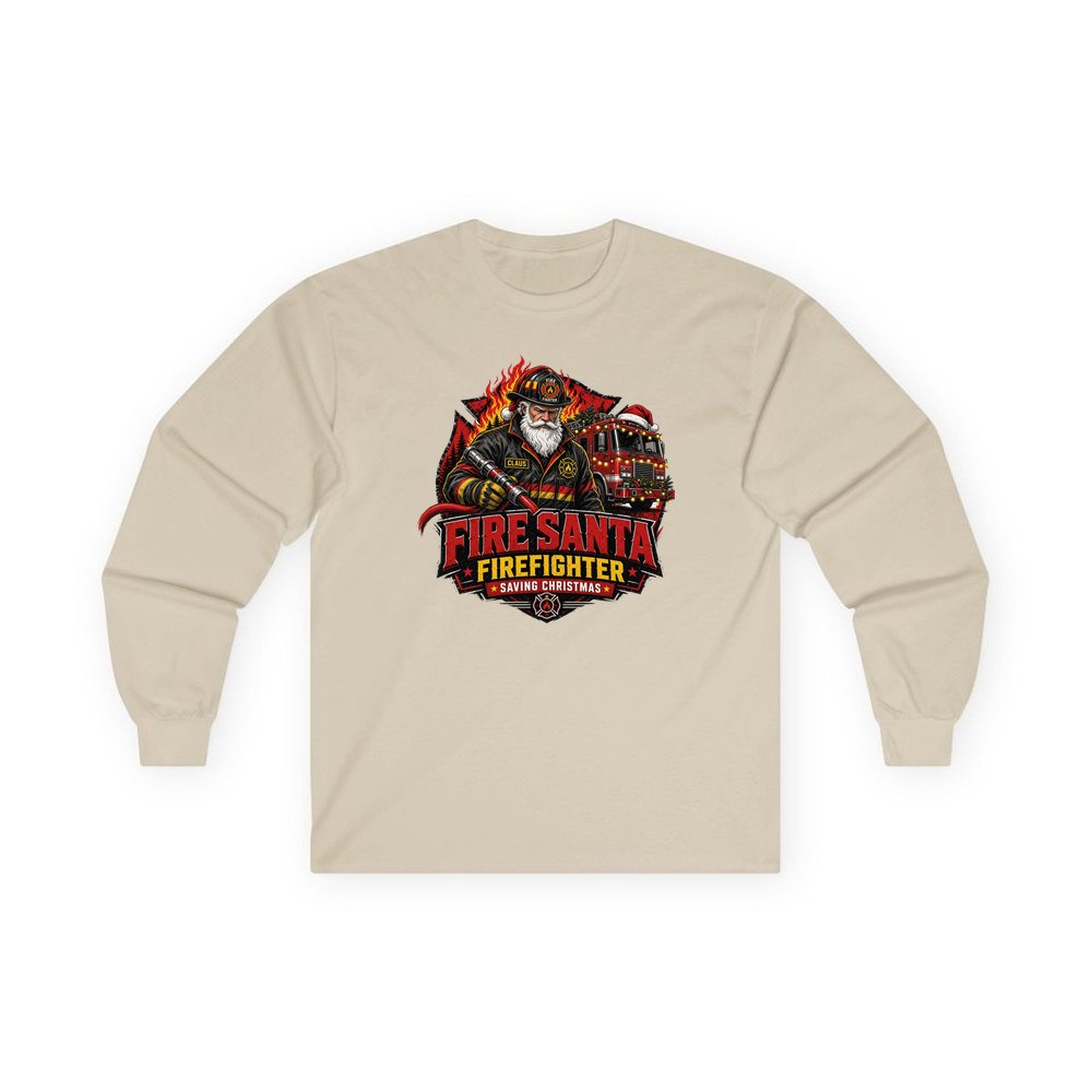 Fire Santa Saving Christmas personalised long sleeve Christmas T-shirt in sand