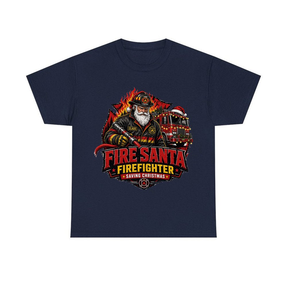 Fire Santa Saving Christmas personalised Christmas T-shirt in navy