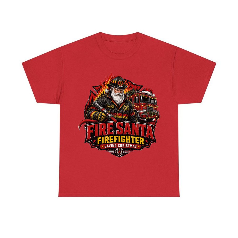 Fire Santa Saving Christmas personalised Christmas T-shirt in red