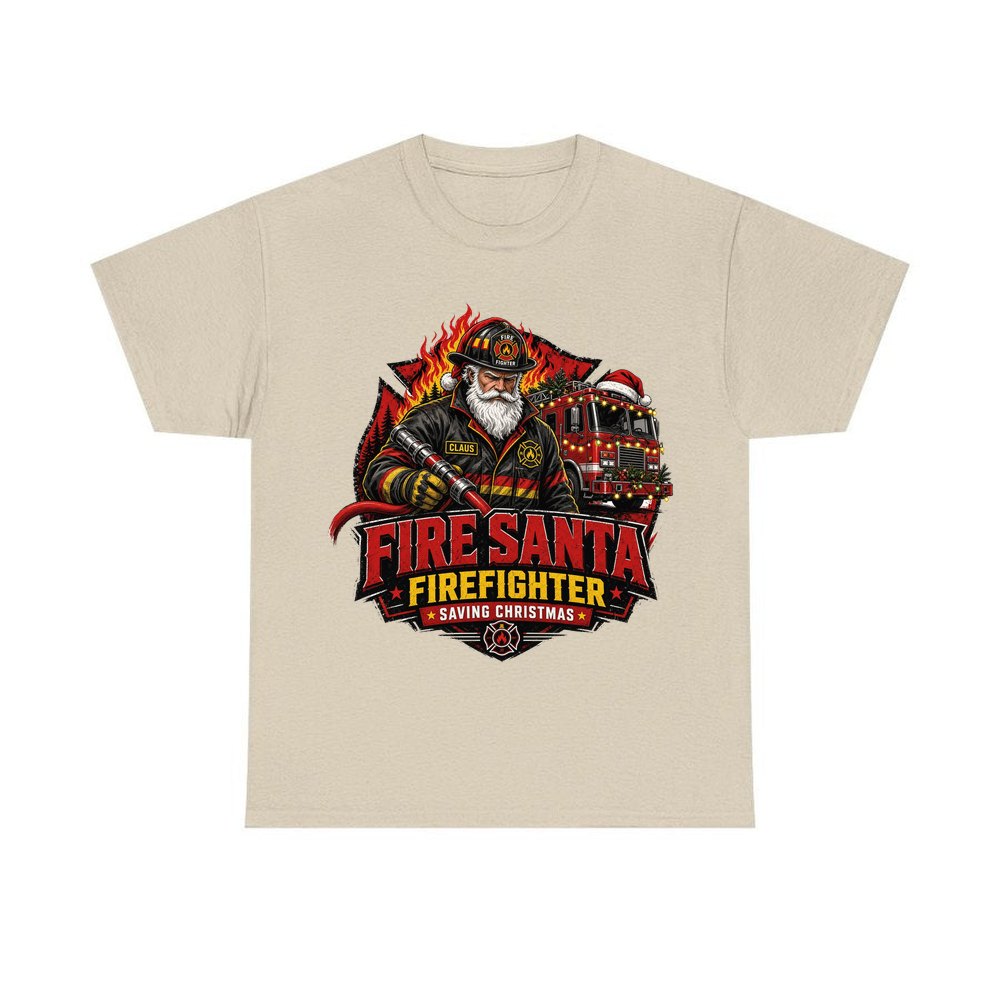 Fire Santa Saving Christmas personalised Christmas T-shirt in sand