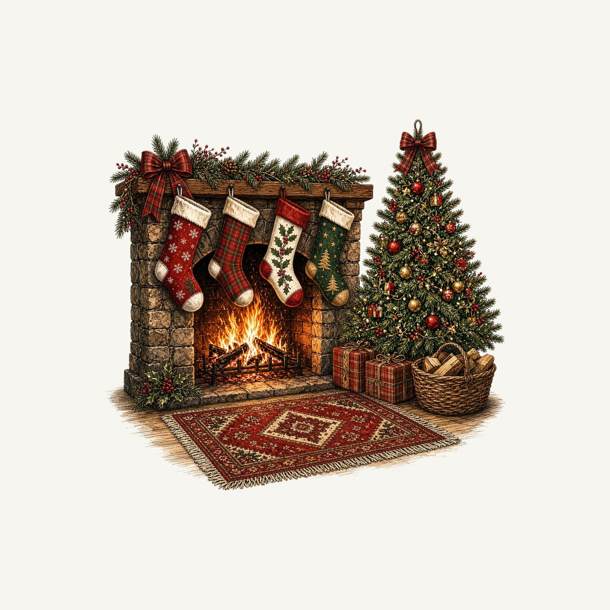 Fireside Stockings And Tree Personalised Kids and Baby Christmas Tee