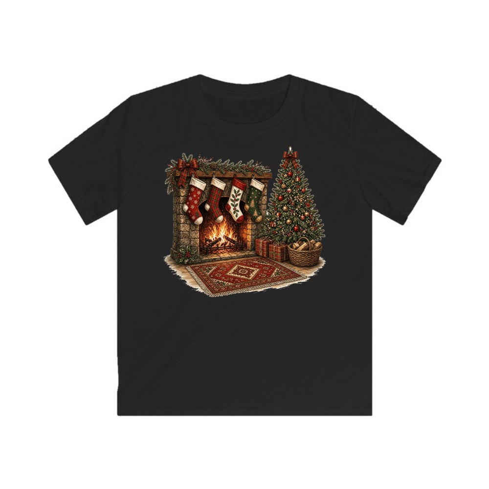Fireside Stockings And Tree personalised kids Christmas tee in black