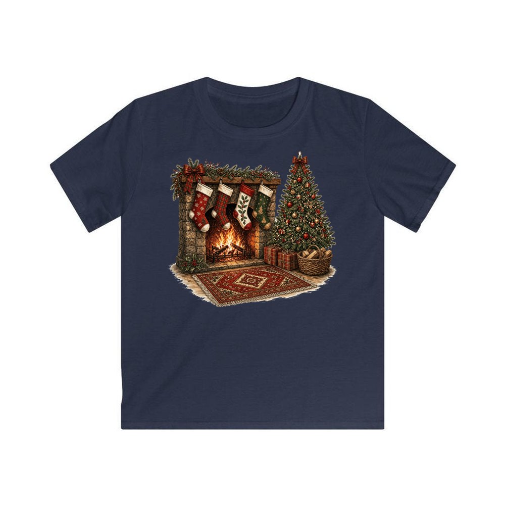 Fireside Stockings And Tree personalised kids Christmas tee in navy