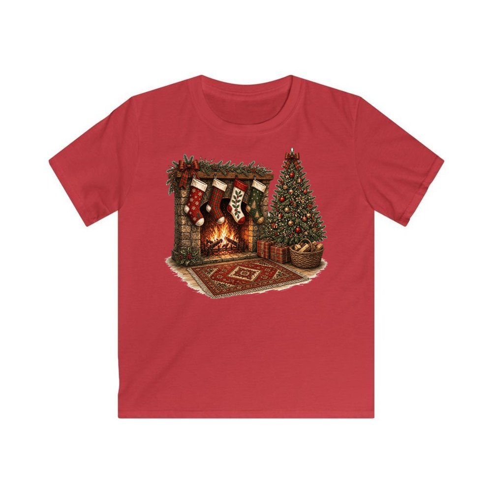 Fireside Stockings And Tree personalised kids Christmas tee in red