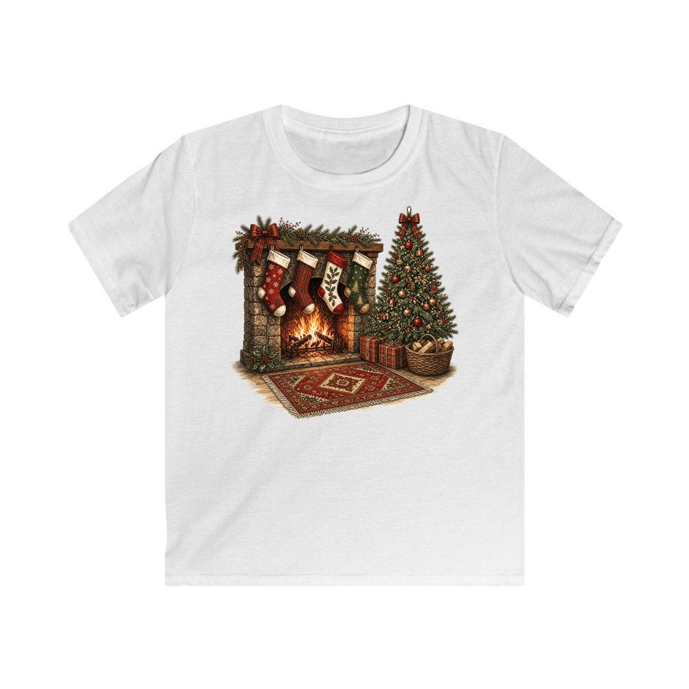 Fireside Stockings And Tree personalised kids Christmas tee in white
