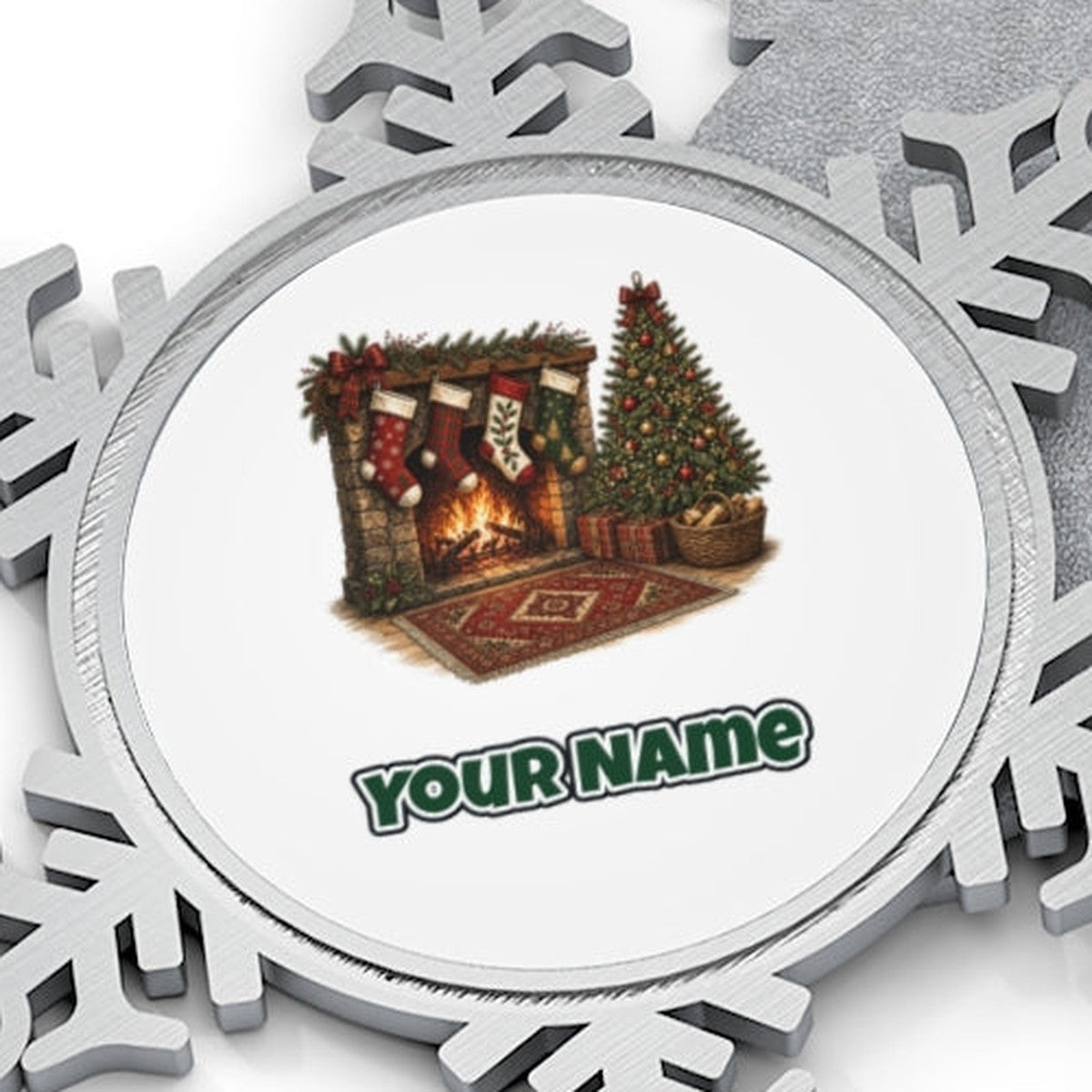 Fireside Stockings And Tree Personalised Pewter Christmas Ornament