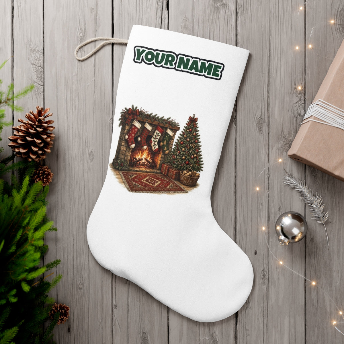 Fireside Stockings And Tree personalised Christmas stocking, white, with the name across the top