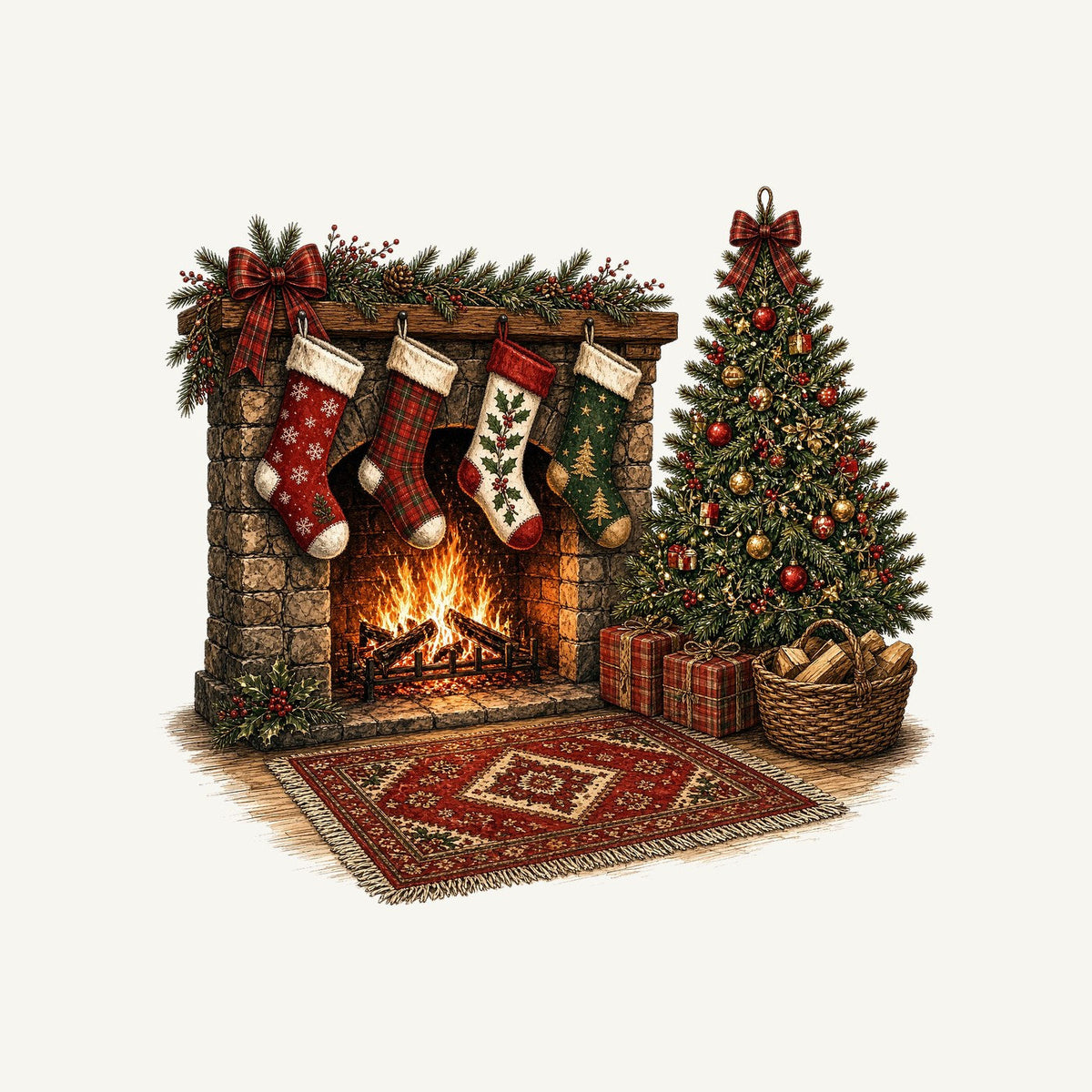 Fireside Stockings And Tree Christmas artwork, the design printed on the personalised stocking