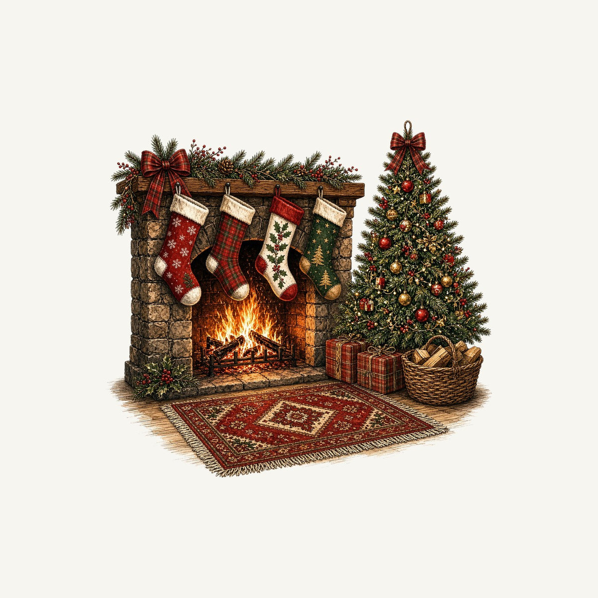 Fireside Stockings And Tree Personalised Christmas T-Shirt and Hoodie