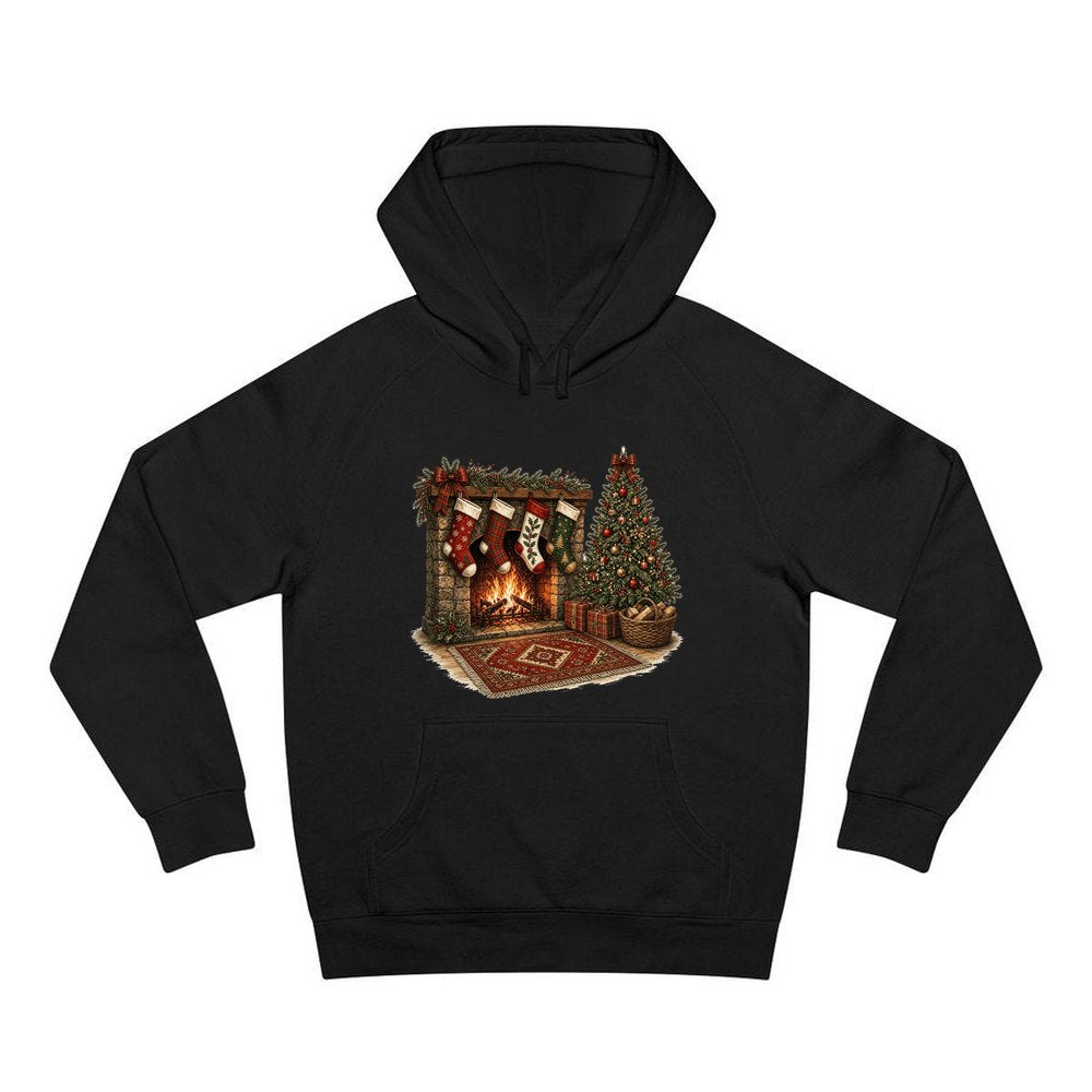 Fireside Stockings And Tree personalised Christmas hoodie in black