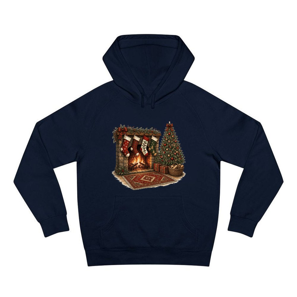 Fireside Stockings And Tree personalised Christmas hoodie in navy