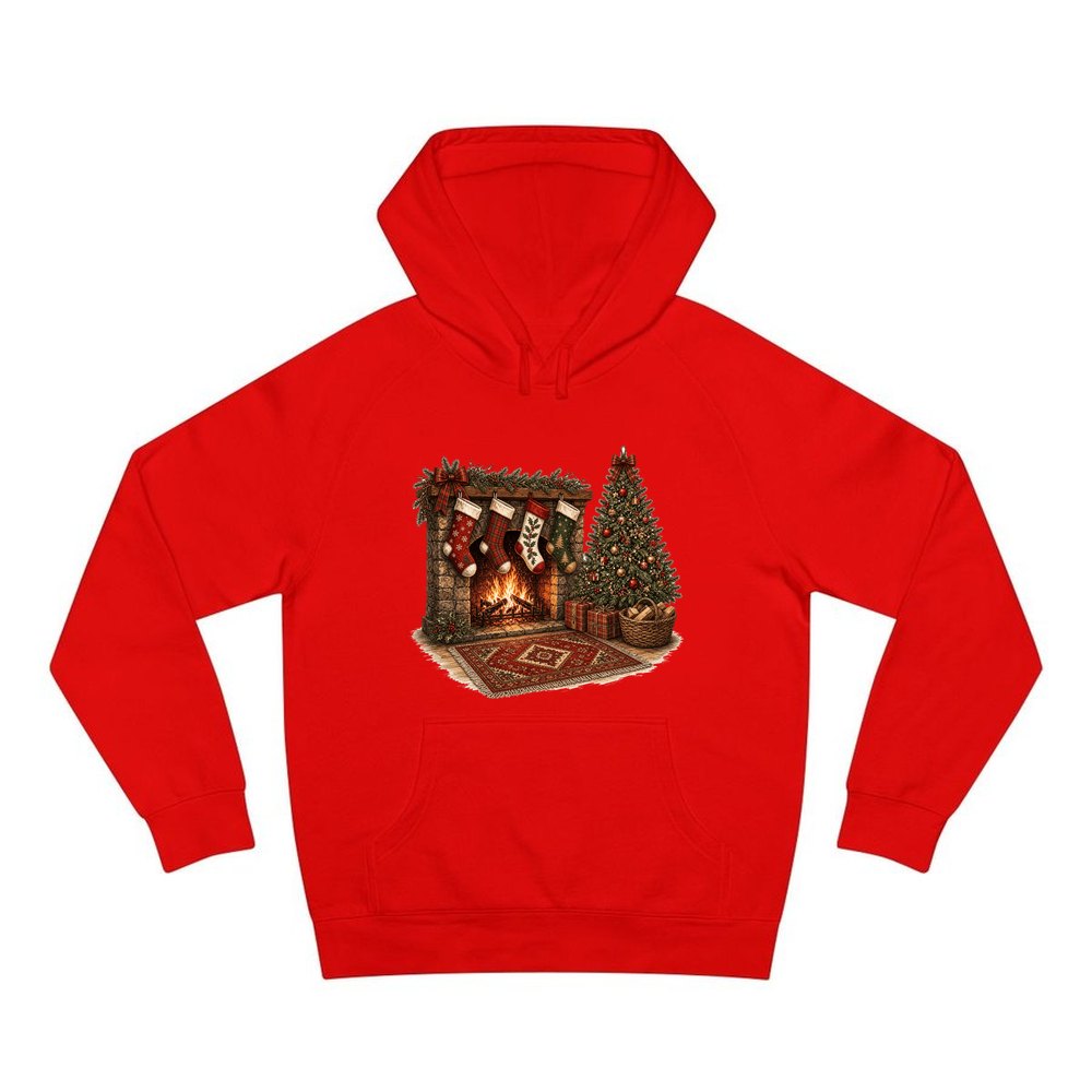Fireside Stockings And Tree personalised Christmas hoodie in red
