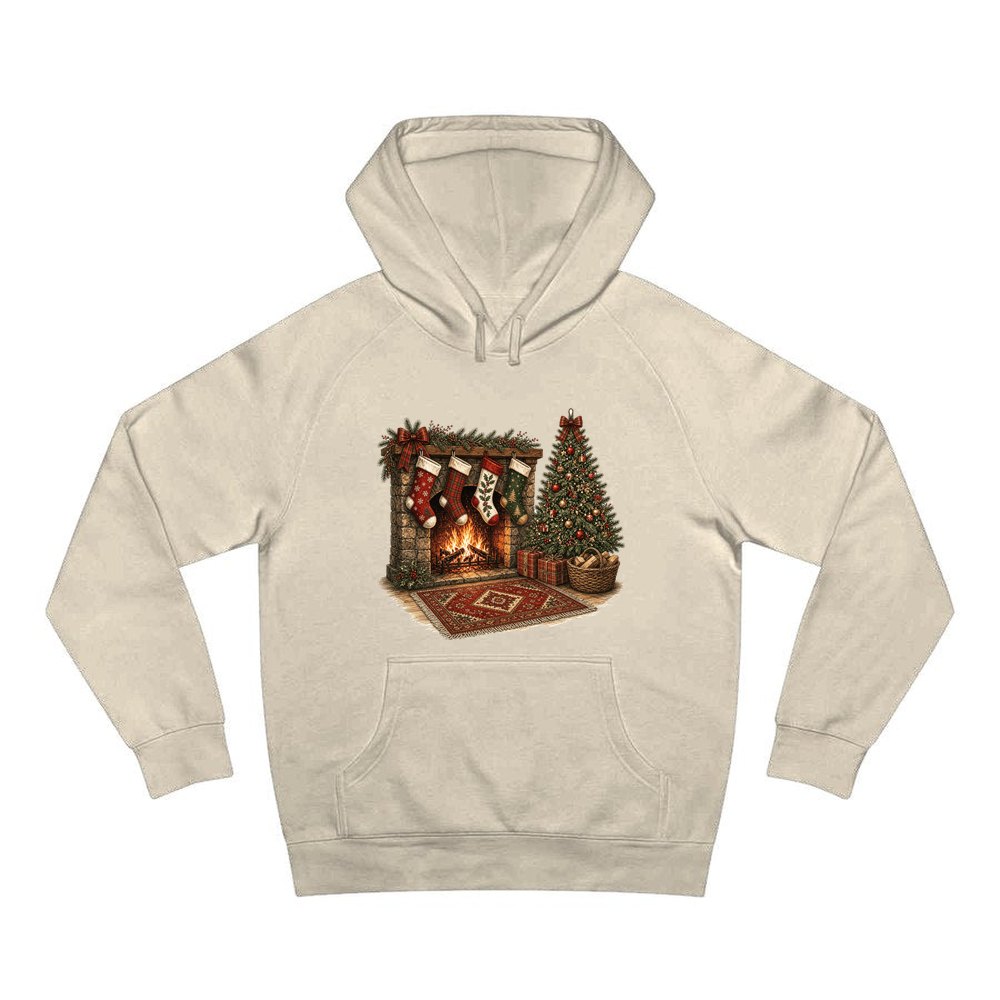 Fireside Stockings And Tree personalised Christmas hoodie in sand