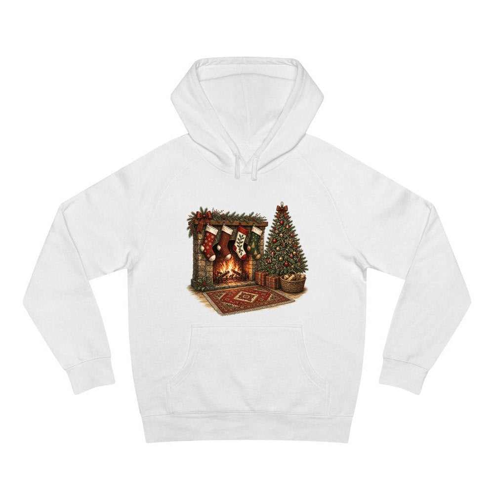 Fireside Stockings And Tree personalised Christmas hoodie in white