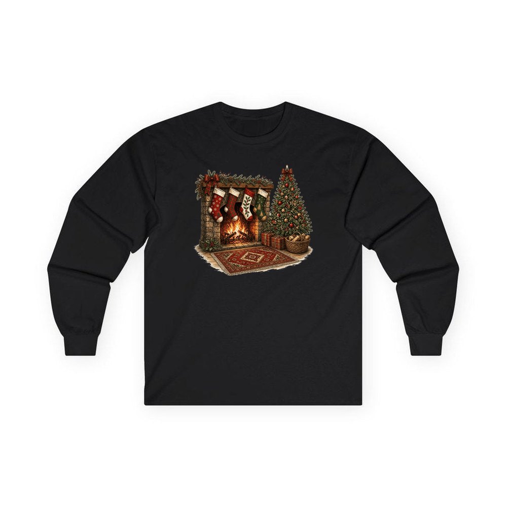 Fireside Stockings And Tree personalised long sleeve Christmas T-shirt in black