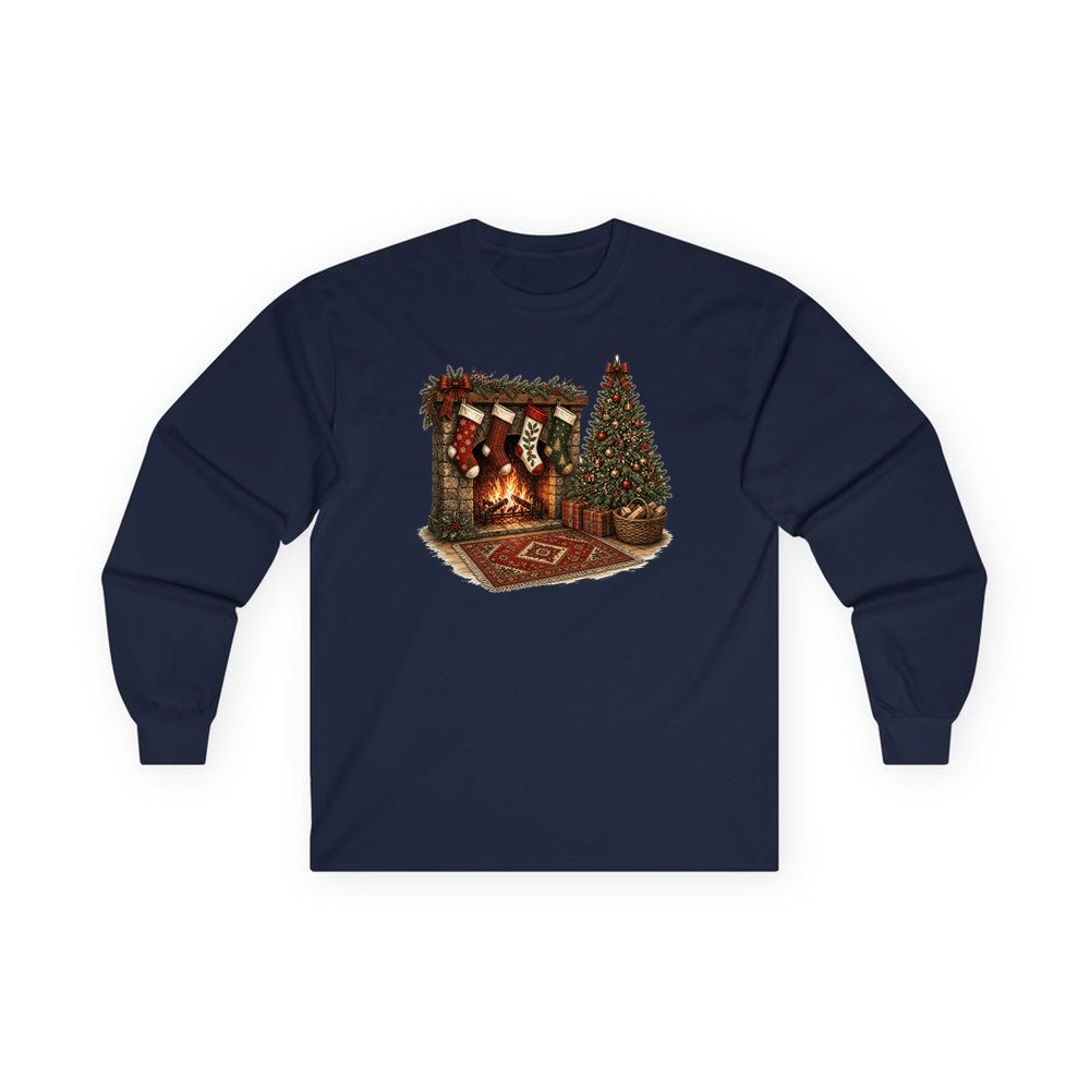 Fireside Stockings And Tree personalised long sleeve Christmas T-shirt in navy