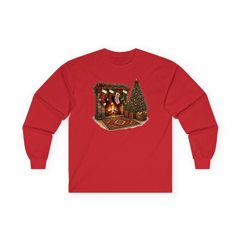 Fireside Stockings And Tree personalised long sleeve Christmas T-shirt in red