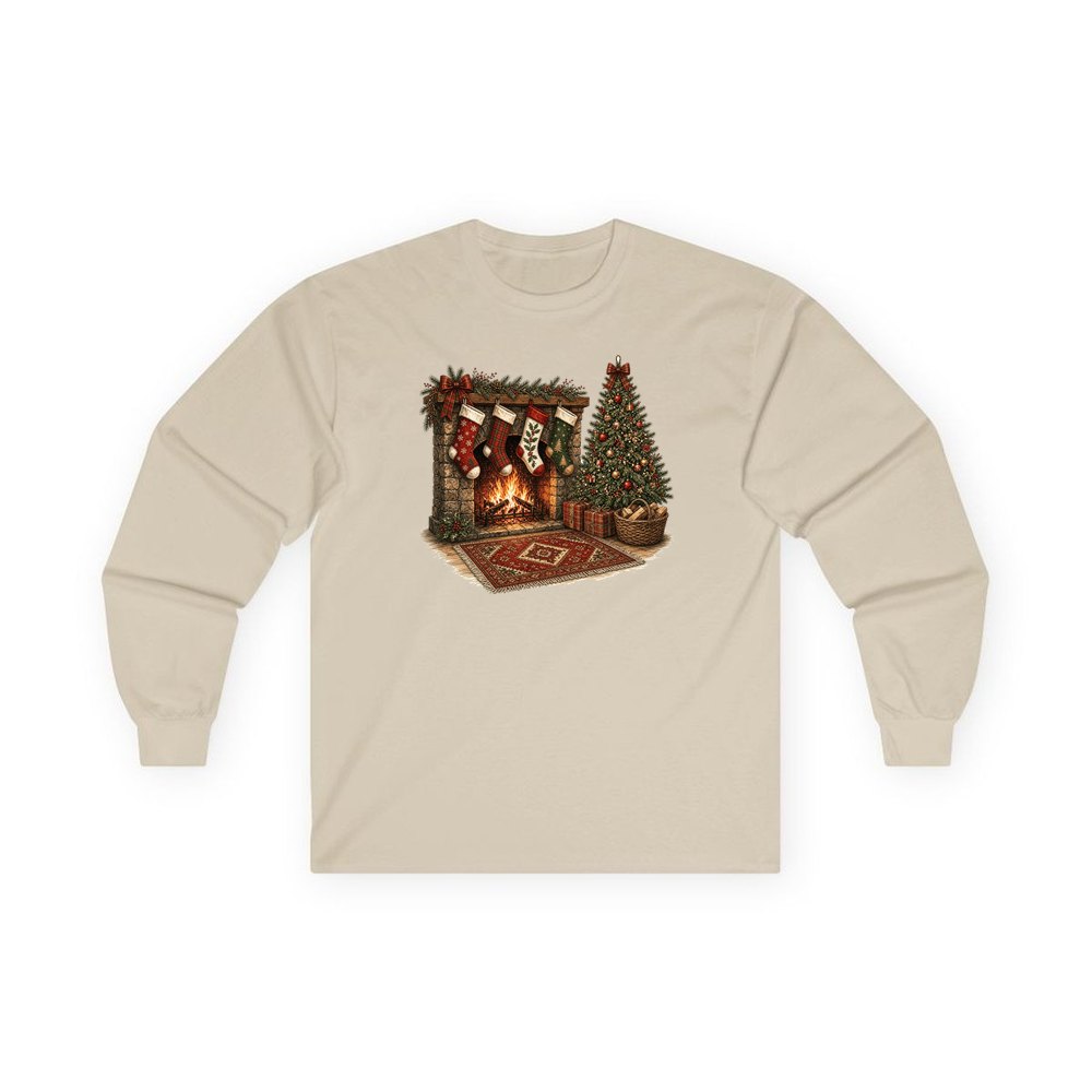 Fireside Stockings And Tree personalised long sleeve Christmas T-shirt in sand