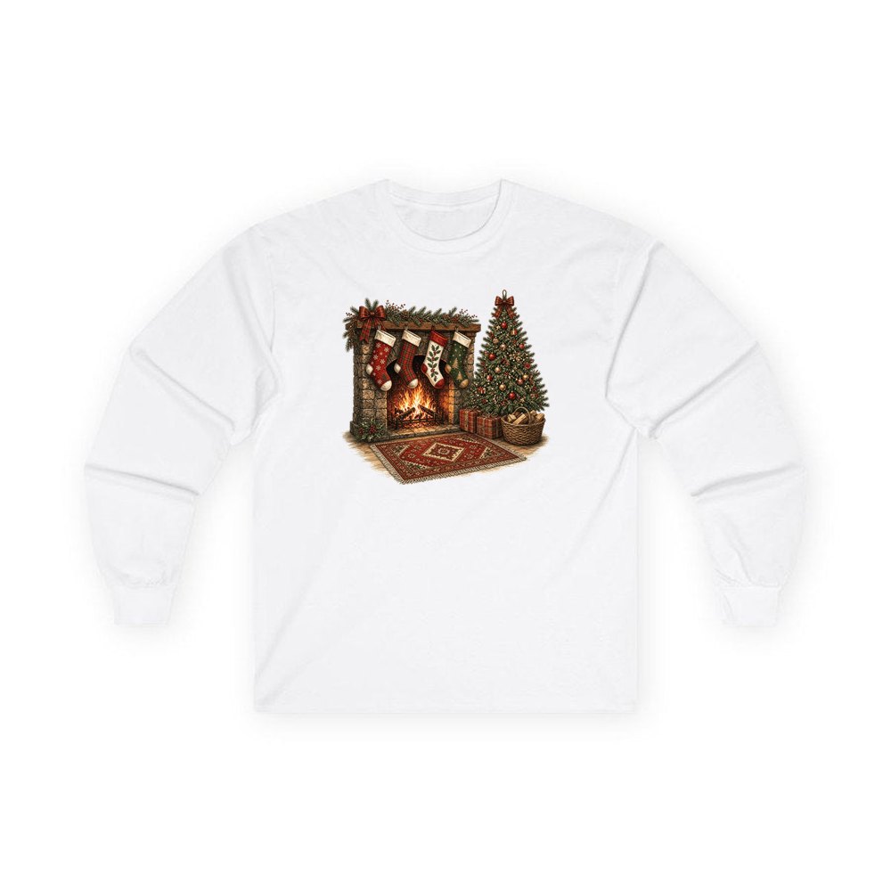 Fireside Stockings And Tree personalised long sleeve Christmas T-shirt in white