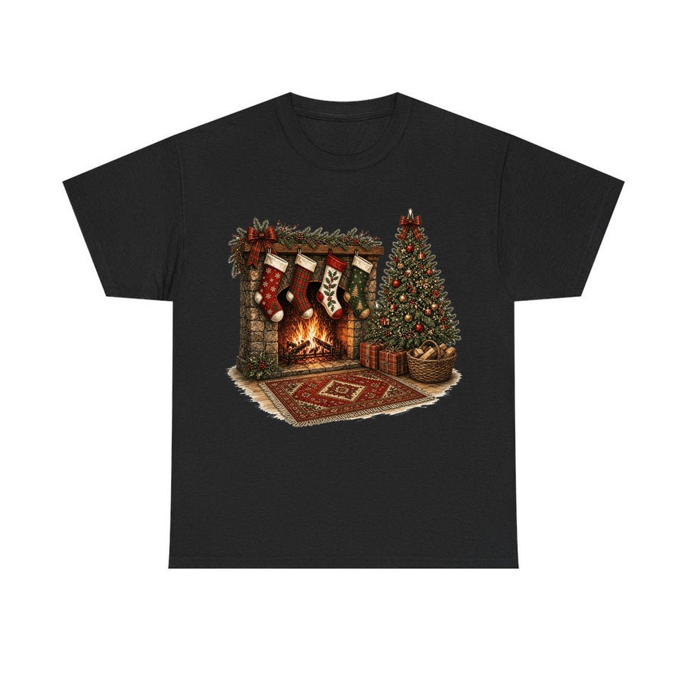 Fireside Stockings And Tree personalised Christmas T-shirt in black