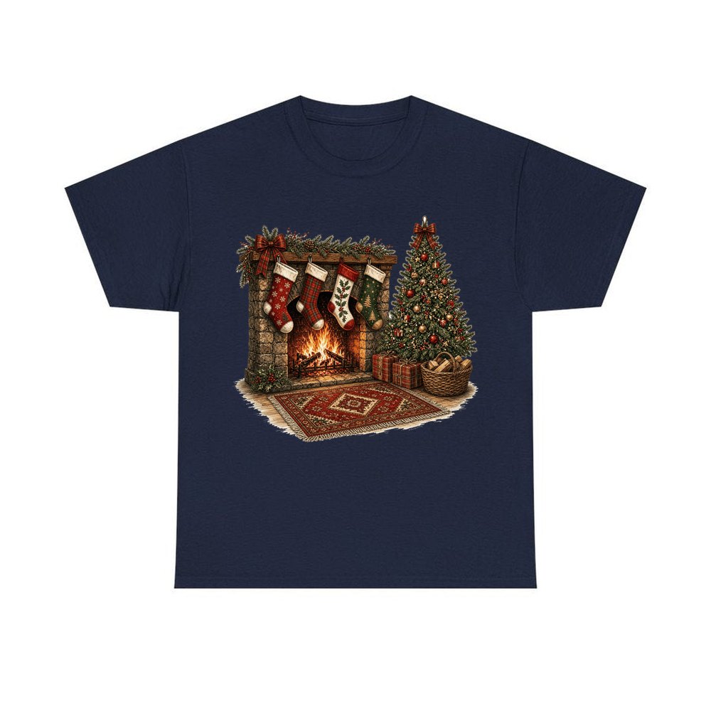 Fireside Stockings And Tree personalised Christmas T-shirt in navy