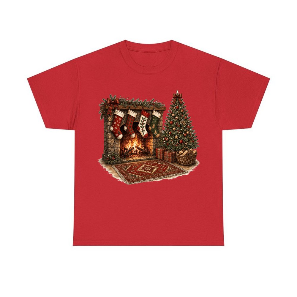 Fireside Stockings And Tree personalised Christmas T-shirt in red