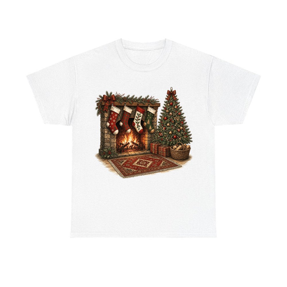 Fireside Stockings And Tree personalised Christmas T-shirt in white