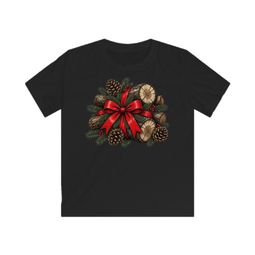 Firewood Bundle and Red Bow personalised kids Christmas tee in black