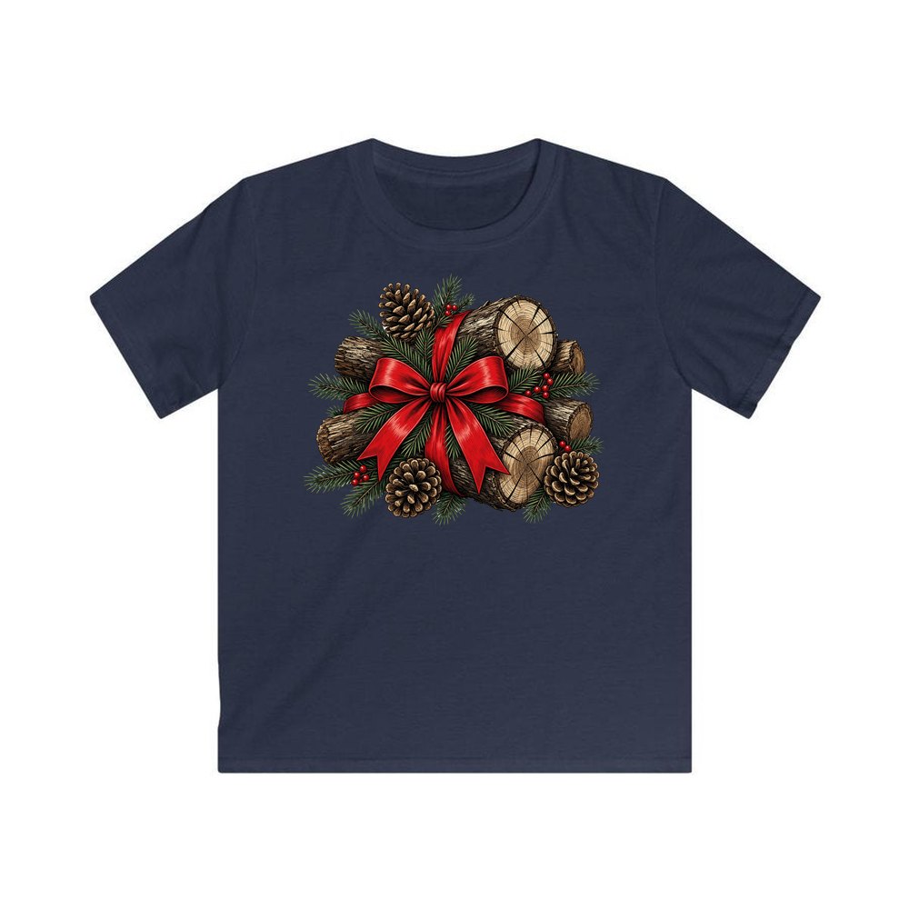 Firewood Bundle and Red Bow personalised kids Christmas tee in navy
